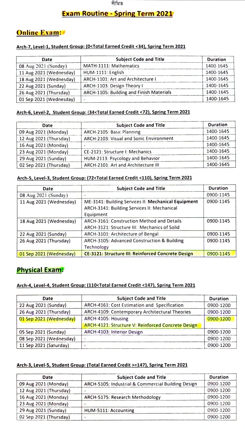 Routine of Term Final Examination, Spring 2021